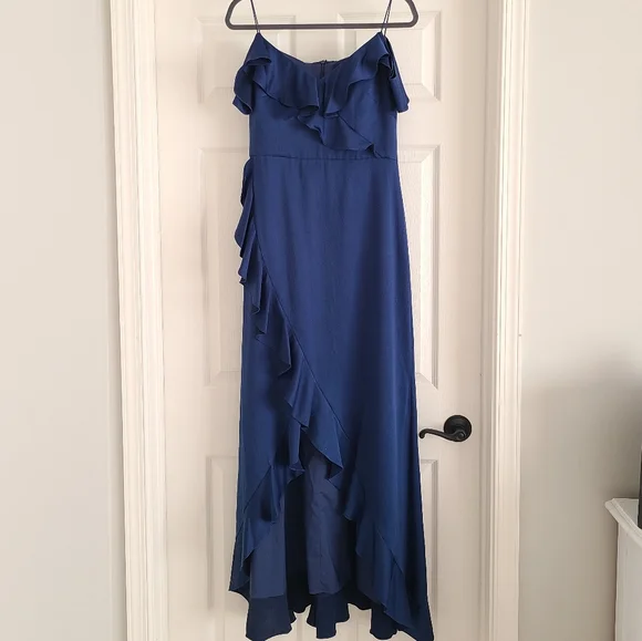 Aidan Mattox Satin Ruffle High Low Cold Shoulder Maxi Long Dress Navy Blue 8 - Picture 4 of 8